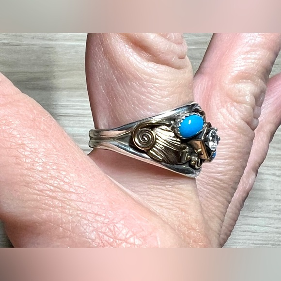Vintage Designer S. Ray Sterling Silver & Gold Turquoise & CZ Ring, Size 11 - Picture 9 of 10